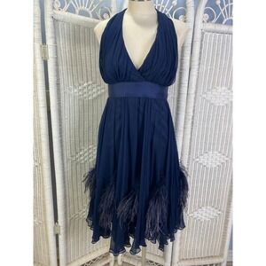 Vintage Betsey Johnson Navy Feather Hem Halter Dress 8 Cocktail‎ Pageant Party